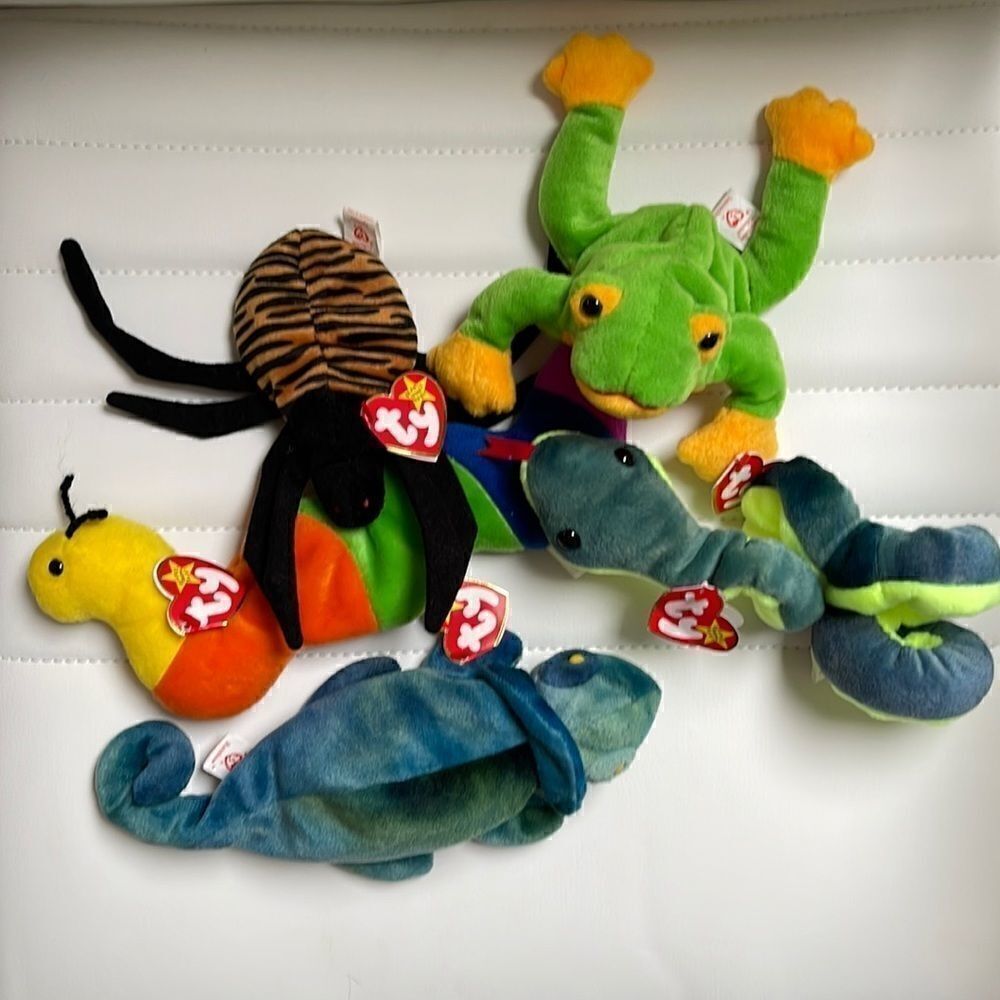 5 beanie babies.  Hissy, Spinner, Smoochy, Inch, Rainbow.